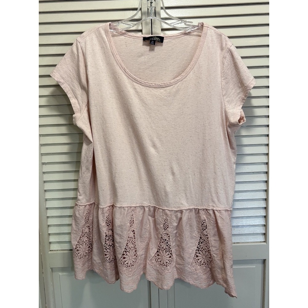 Suzanne Betro Pink Lace/Crochet Ruffle Hem Short Sleeve Top Size 3XL Boho Linen
